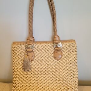 Brighton Eva Straw Leather Trim Woven Tan Tote Bag